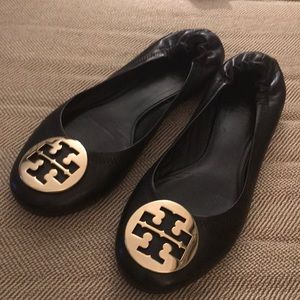 Black and gold Tory Burch Reva ballet flats